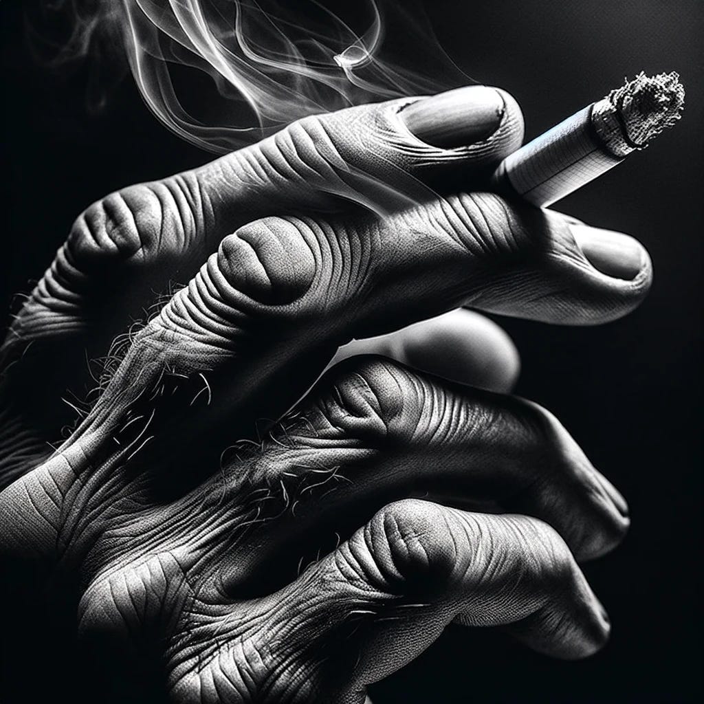 A black and white close-up captures the essence of a hand holding a cigarette, emphasizing the fine details and textures. The focus is on the hand's intricate lines, wrinkles, and contours, highlighted by the stark contrast of light and shadow inherent in black and white photography. The cigarette, positioned between the fingers, becomes a central element, with smoke delicately rising and blending into the surrounding shadows. This image encapsulates a moment frozen in time, where the simplicity of the subject matter invites a deeper contemplation of form, texture, and the subtle interplay of light and darkness.