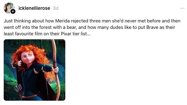 Thread from icklenellierose: Just thinking about how Merida rejected three men she’d never met before and then went off into the forest with a bear, and how many dudes like to put Brave as their least favourite film on their Pixar tier list... Then a GIF of Merida from Brave firing an arrow.