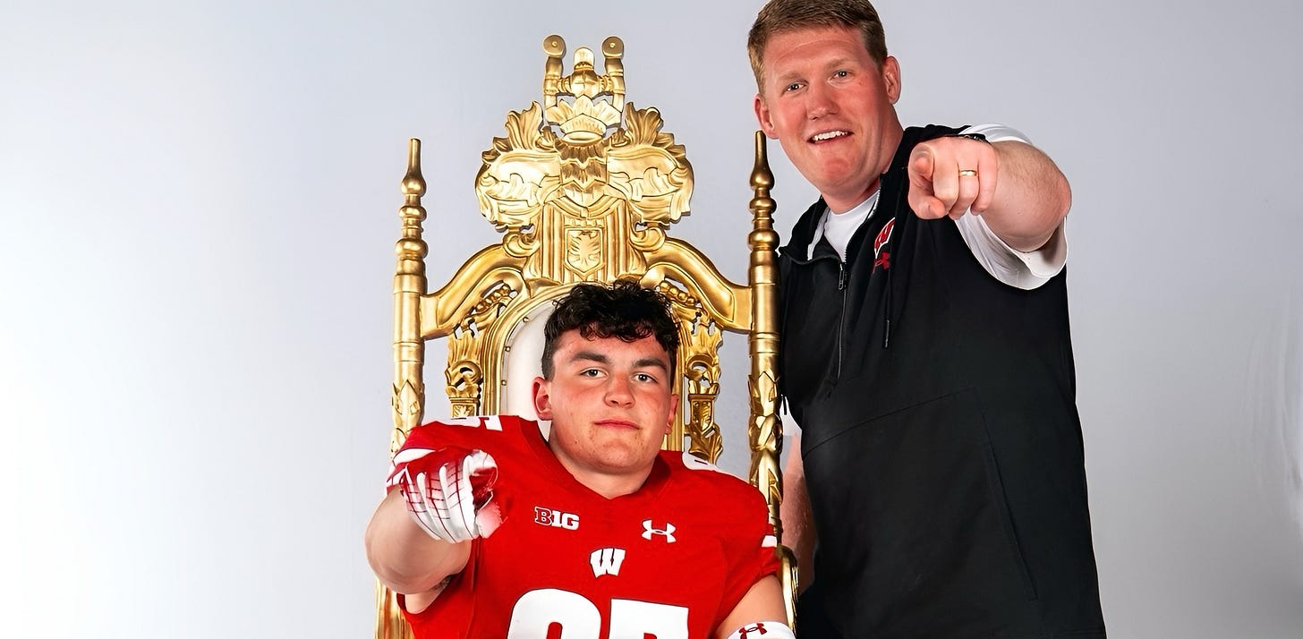 Wisconsin Badgers 2026 TE commit Jack Sievers standing next to position coach Nate Letton 