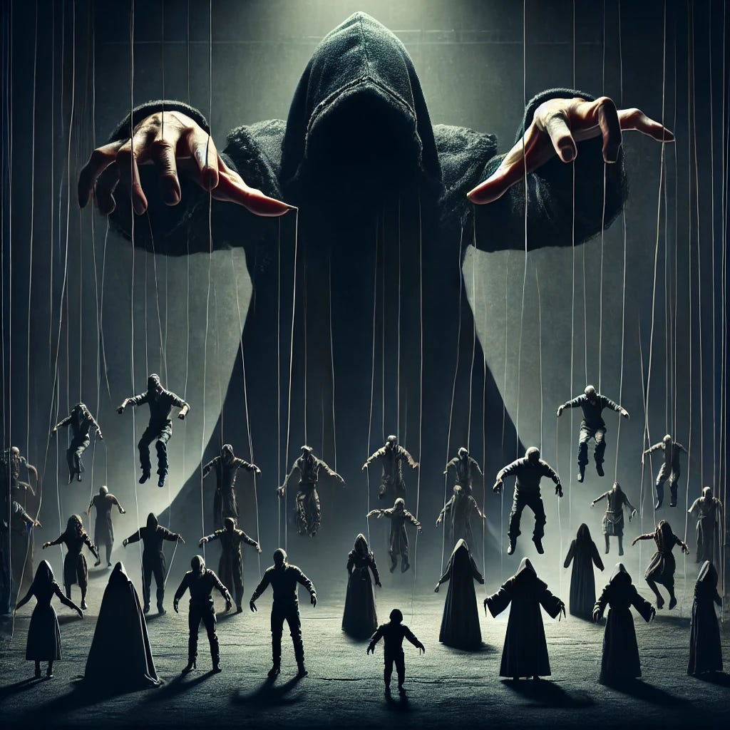 A dark, sinister figure cloaked in shadows, manipulating puppet strings attached to numerous people below. The figure's face is hidden, adding to the ominous presence. The people on the marionette strings are in various positions, appearing manipulated and controlled. The background is dark and ominous, with a sense of oppression and control. The scene is set in a dystopian environment, with dark, muted colors and a feeling of hopelessness.