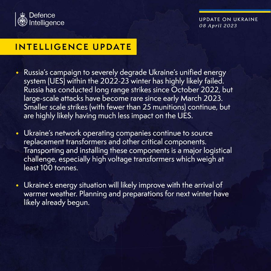 Latest Defence Intelligence update on the situation in Ukraine - 8 April 2023.