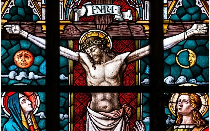 stained glass, Christ on the cross with two women looking up at Him