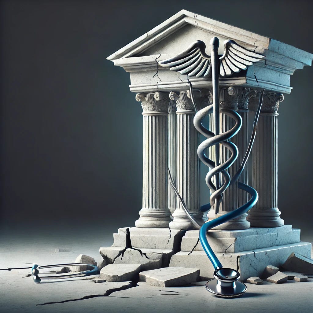 A conceptual image representing the challenges and weaknesses in healthcare institutions. The scene features a cracked marble pedestal with a stethoscope draped over it and a medical symbol, such as a caduceus, prominently placed on top of the pedestal. The design focuses solely on healthcare-related elements, completely excluding any graduation cap or education symbols. The pedestal has deep, visible cracks, symbolizing institutional fragility. The background is minimal, featuring a dark gradient transitioning to soft light, maintaining a clean and professional design with muted tones like gray, navy, and white.