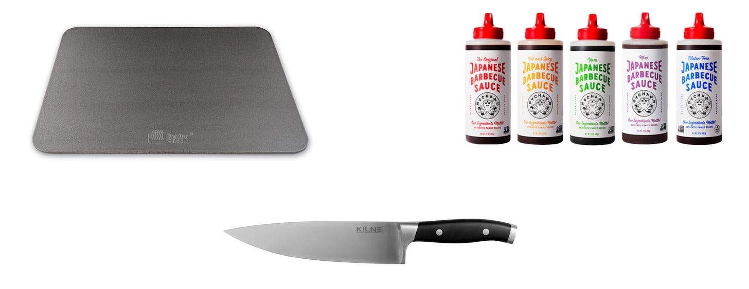 Clockwise from top left: A Baking Steel for making pizza, the 5-bottle lineup of Bachan's Japanese Barbecue Sauce, the Kilne Chef's Knife