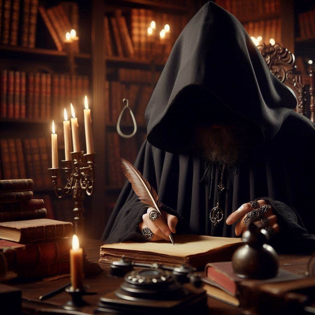 The hooded dark lord writes with a quilled pen in a beautiful library.