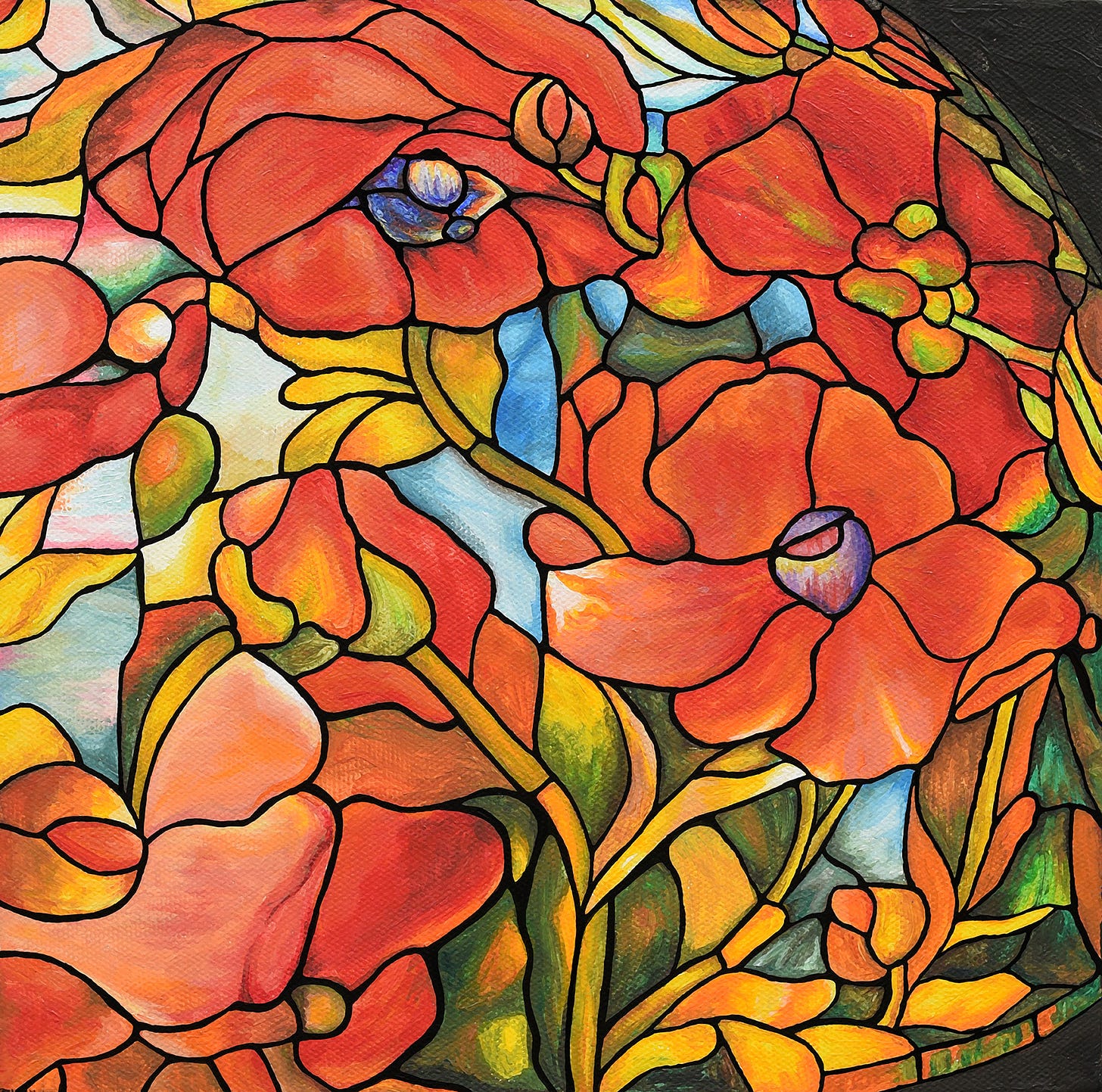 Stained glass inspired painting of a lamp covered with red poppies.