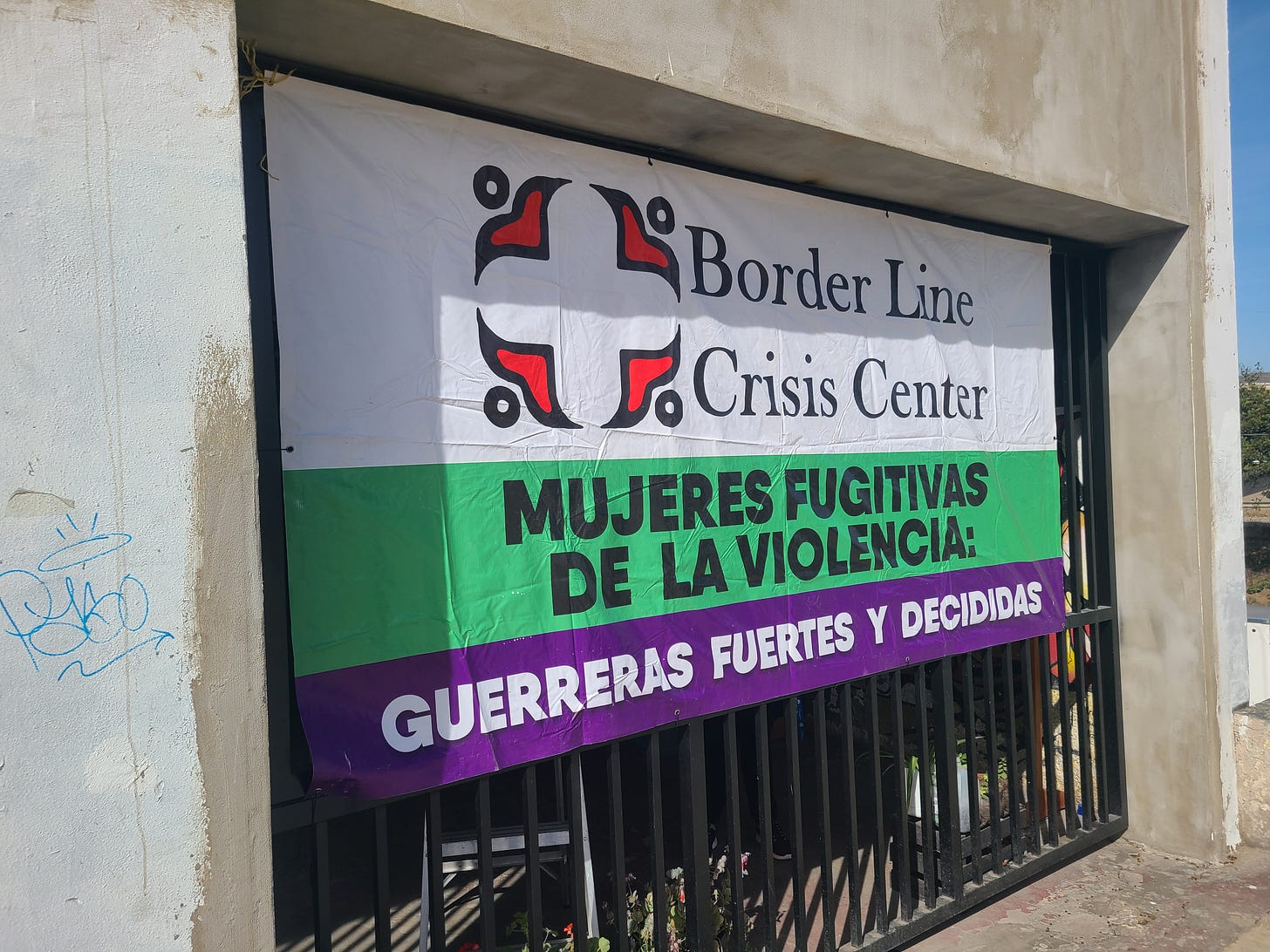 A new sign hangs outside the Border Line Crisis Center shelter