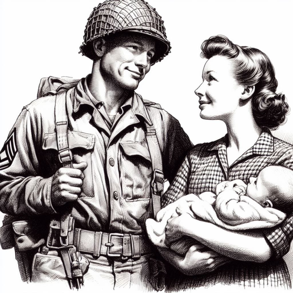 A soldier standing next to a woman holding a child.