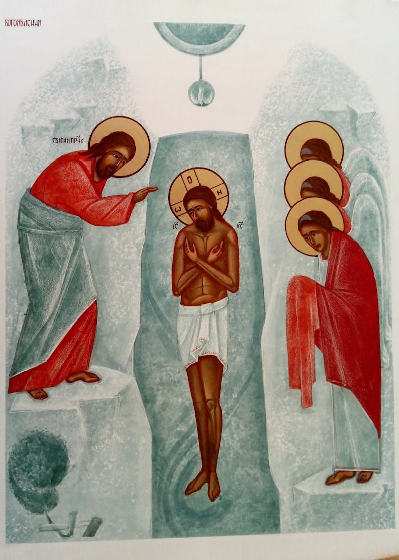 May include: A religious painting depicting the baptism of Jesus. Jesus is standing in a body of water with his arms crossed over his chest. John the Baptist is standing on the left side of the painting, wearing a red robe and pointing at Jesus. Three angels are on the right side of the painting, wearing red robes and looking down at Jesus. The painting is done in a traditional style with a light blue background and a gold halo around Jesus' head.