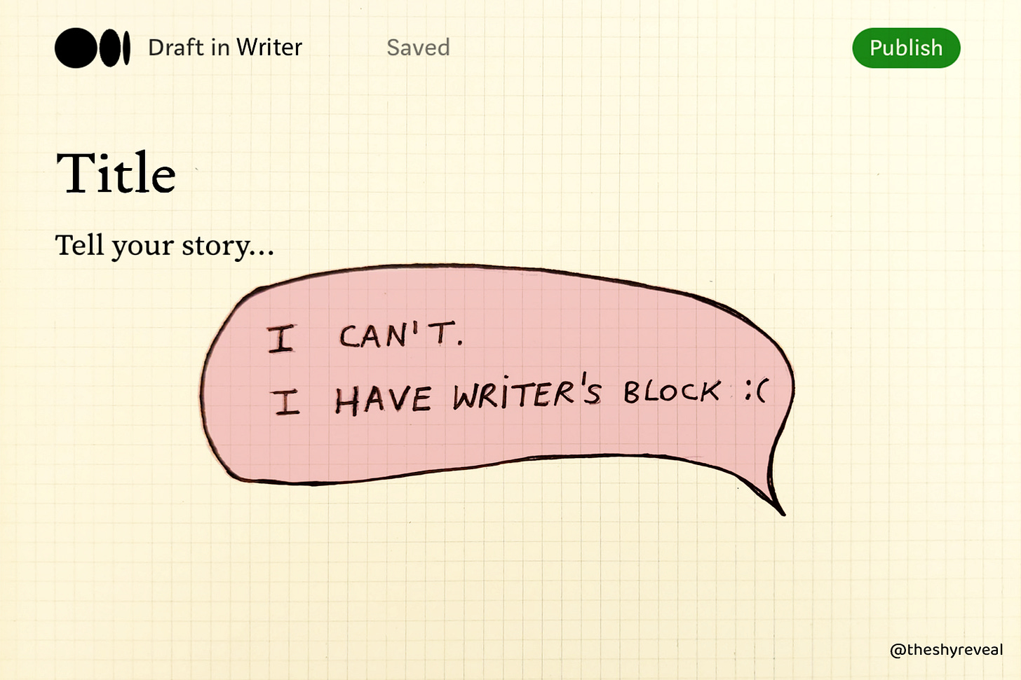 Interface of Medium Draft, with a speech bubble that says: "I can't. I have writer's block".