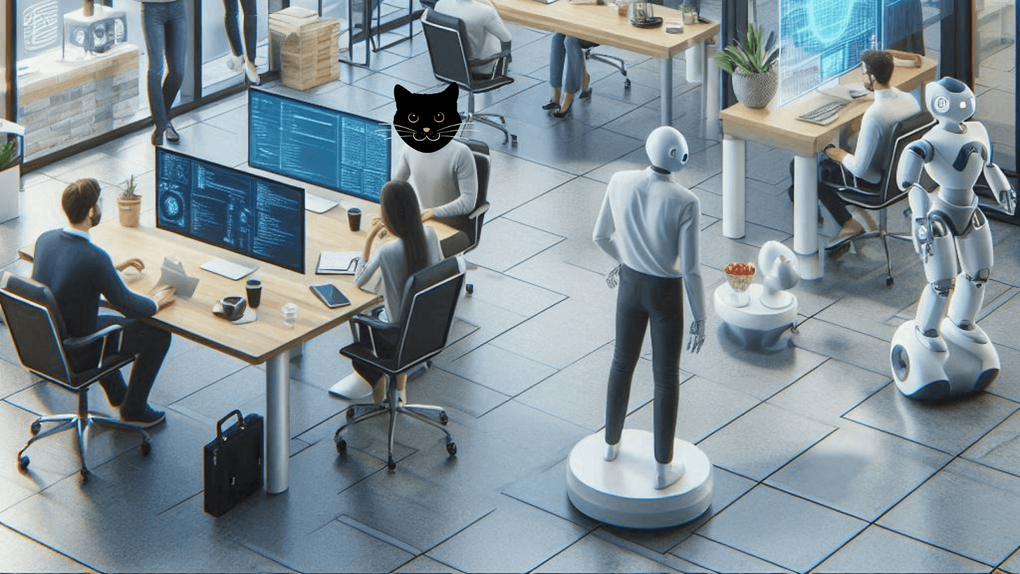 Image of office workers, a humanoid cat and robots