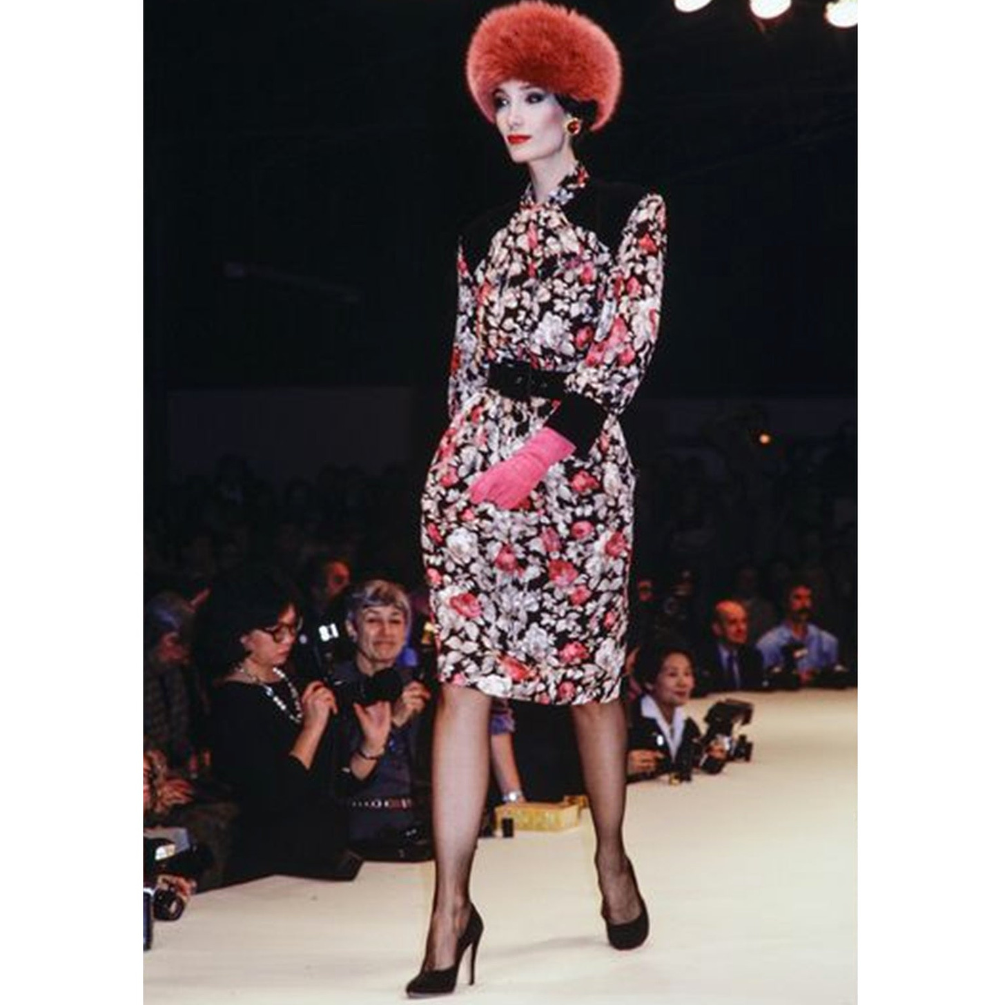 1984 Yves Saint Laurent Floral Documented Runway Dress w Black Velvet Trim