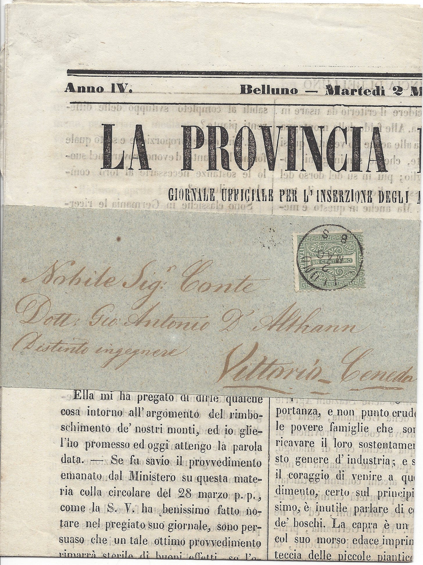 Italian newspaper mailed in 1871