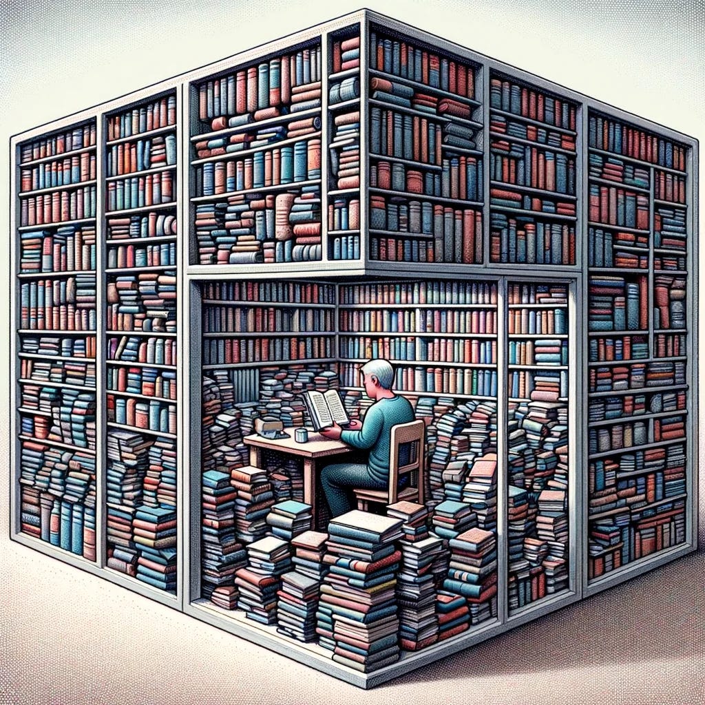 An illustration depicting the concept of overfitting in machine learning using a library analogy. The scene shows a small, enclosed library room, densely packed with bookshelves. In the center, a person of unspecified gender and descent is sitting at a desk, engrossed in reading a book, with piles of books around them. This represents a machine learning model's overfitting to training data. The library room is completely sealed, with solid walls and no windows or doors, symbolizing the model's inability to adapt to new, unseen data. This enclosed environment emphasizes overfitting: being limited to the knowledge it was trained on, unable to generalize to new information.