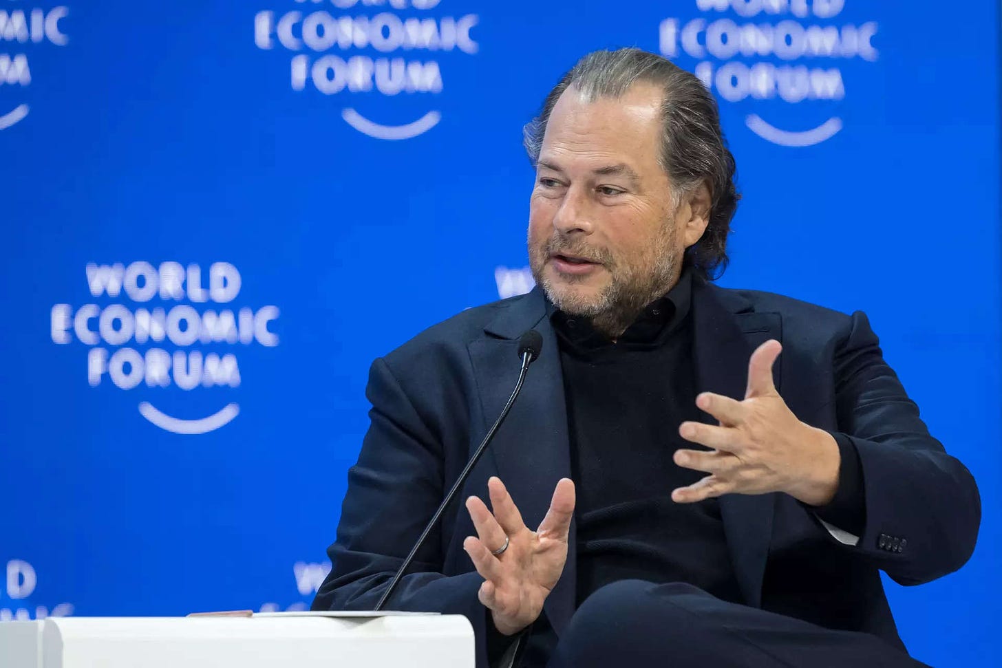 Salesforce chair and CEO Marc Benioff gestures during a session of the World Economic Forum (WEF) meeting in Davos on January 18, 2024.