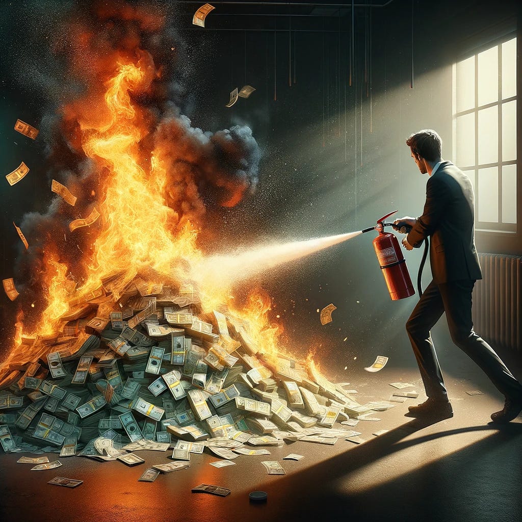 A digital painting of a person in the act of spraying a fire extinguisher at a large pile of money that is on fire. The scene is set in a dimly lit room, dramatically illuminated by the fire's glow. The person, depicted in a dynamic and urgent pose, is focusing intensely on saving the money, with the fire extinguisher aimed directly at the blazing cash. The fire casts a stark contrast of light and shadow, emphasizing the heat and danger of the flames. Bills are fluttering in the air, some partially burned, as the extinguishing foam begins to cover and protect them. The person's expression is a mix of determination and hope, captured in the midst of a desperate rescue effort. The background is a blur of motion, focusing the viewer's attention on the critical action of extinguishing the fire. Drawn with: digital software, blending realism with a sense of urgency and dramatic tension, focusing on the interplay of light, shadow, and movement. Style influences include modern digital illustration techniques for capturing dynamic scenes and emotions.