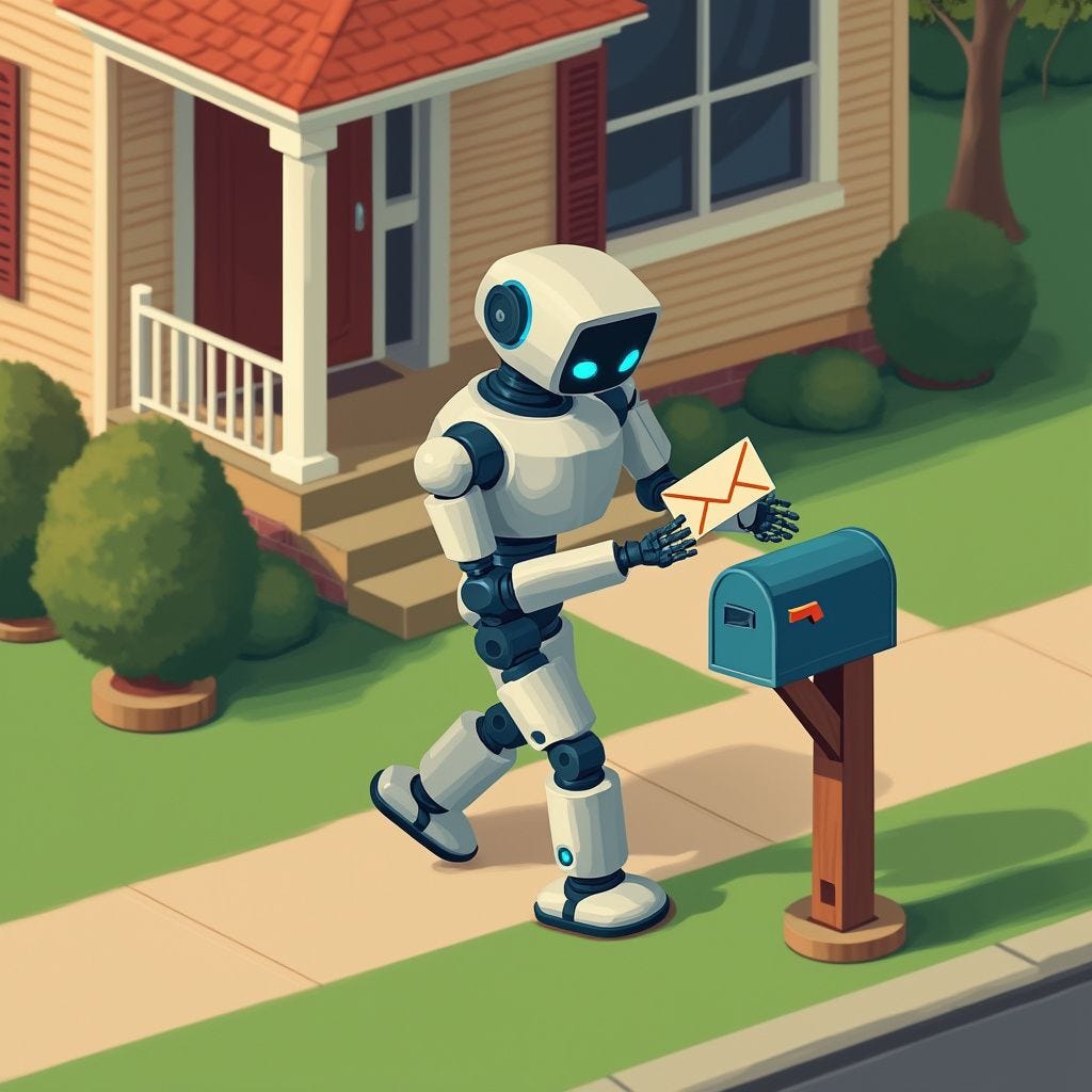 A robot walks to a mailbox to deliver some mail