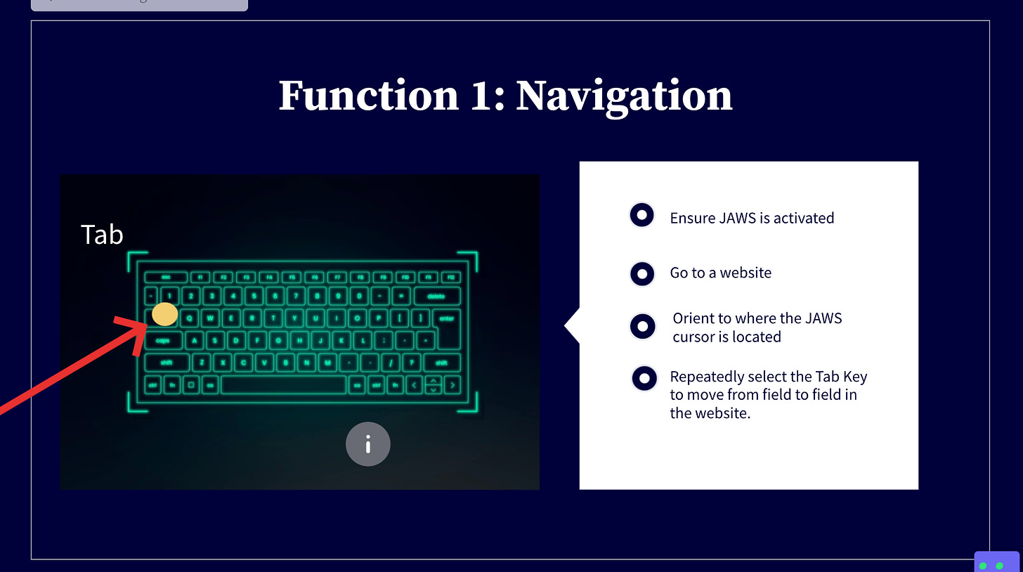 Illustrated keyboard to the right and a complete list of steps on navigating with the tab key