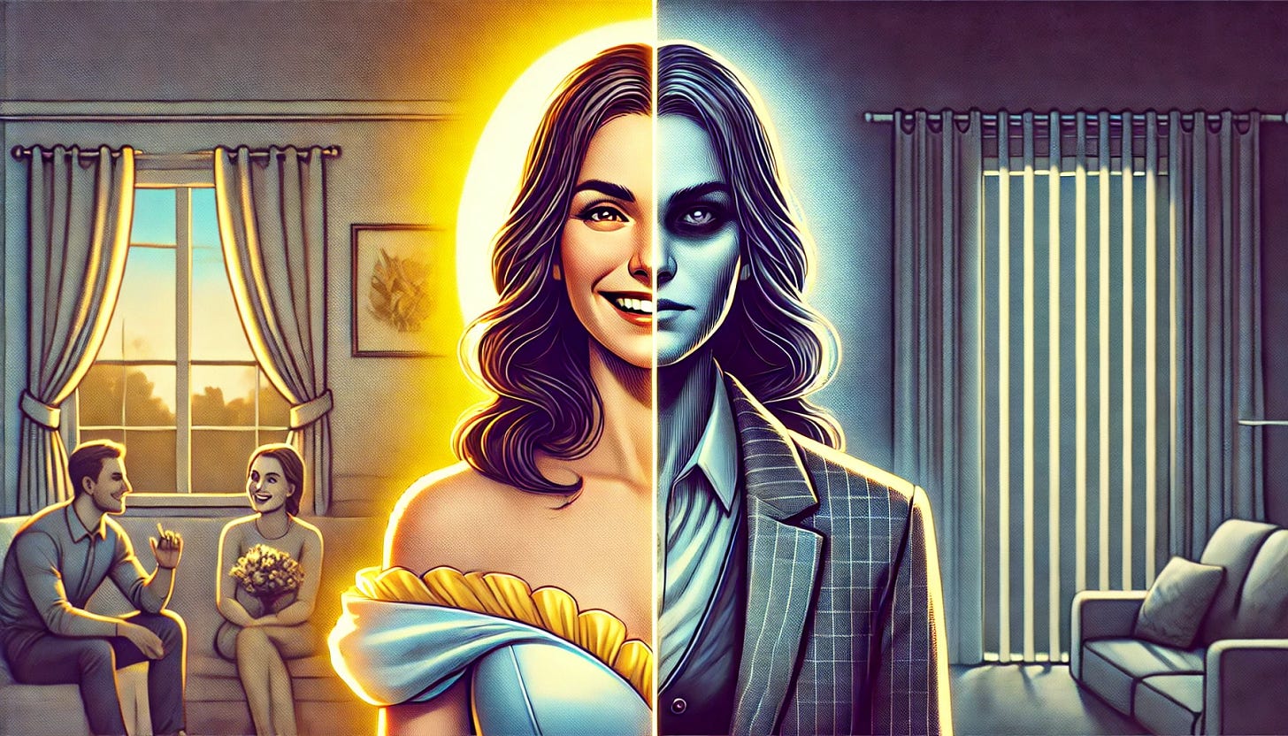 A dramatic split-image illustration of a woman with two contrasting expressions. On one side, she is smiling warmly, dressed in elegant, bright clothing, with a halo-like glow behind her, symbolizing her public persona of kindness and generosity. On the other side, her face is shadowed, with a cold, piercing stare, wearing darker, more rigid clothing, symbolizing her hidden, manipulative nature. The background subtly blends a welcoming social setting on the bright side and a tense, isolating home environment on the dark side.