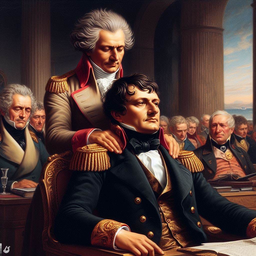 Hegel apoyando sus manos sobre los hombros de Napoleón sentado