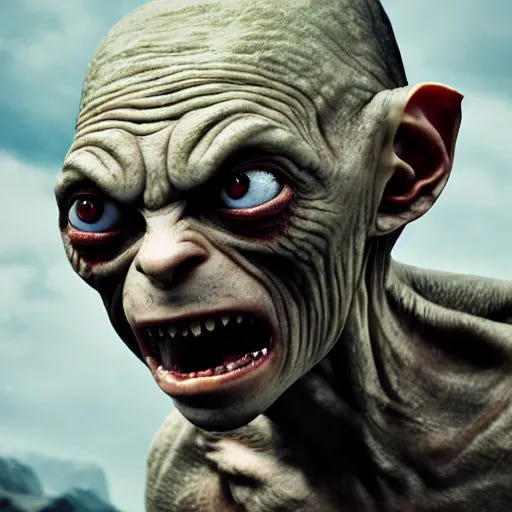 Prompt: gollum as a titan, attack on titan, ( eos 5 ds r, iso 1 0 0, f / 8, 1 / 1 2 5, 8 4 mm, postprocessed, crisp face, facial features )