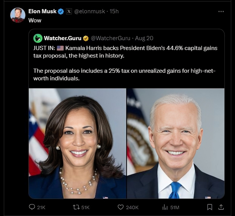 Elon Musk reacting to Kamala Harris supporting Joe Biden's highest capital gains tax proposal.