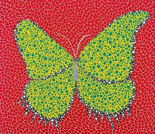 Art by Yayoi Kusama depicting a green and yellow dotted butterfly on a red canvas