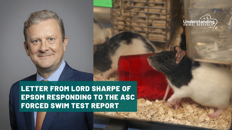 Letter from Lord Sharpe of Epsom responding to the ASC forced swim test report :: Understanding Animal Research
