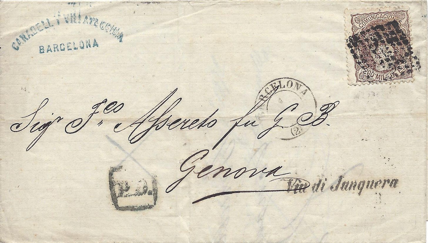 1872 letter from Spain to Italy