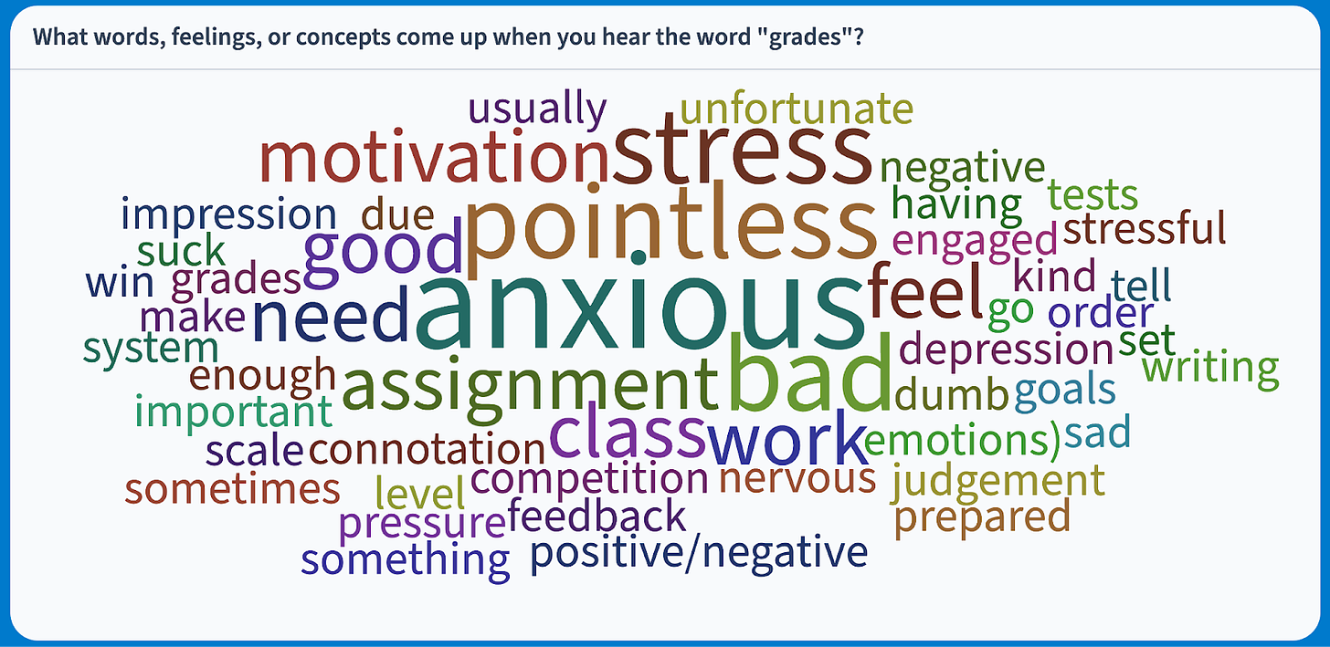 A word cloud in which the most prominent words are “anxious,” “pointless,” “stress,” “motivation,” and “bad.”