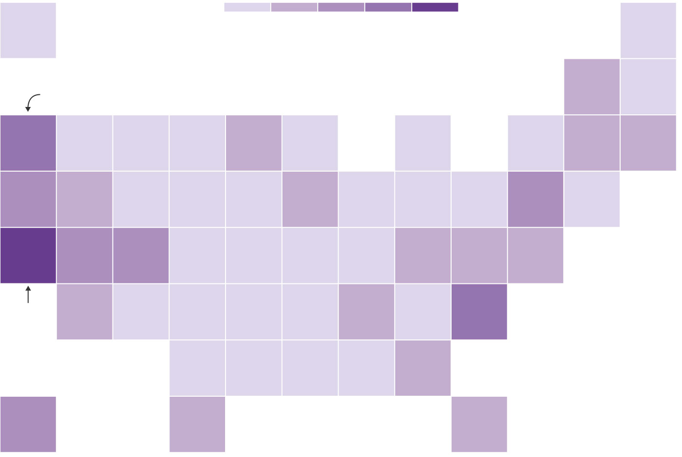 U.S. map showing the share of new-vehicle registrations that were EVs in the third quarter. California (where 24% of registrations were EVs) and Washington (19%) are the two darkest-colored areas.