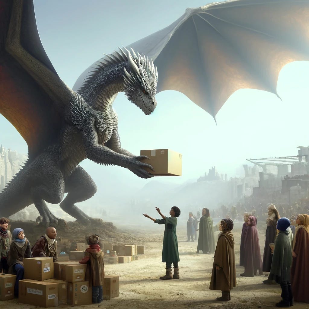 A large, realistic dragon in the style of a fantasy medieval epic, similar to Game of Thrones, is depicted delivering humanitarian aid to a group of children in a war-torn landscape. The dragon, majestic and detailed, has shimmering scales and large, powerful wings. The scene shows the dragon gently placing boxes of food and medical supplies near a group of diverse children of various ethnicities, who look up in awe and gratitude. The background is a desolate, yet picturesque landscape with ruins and a distant mountain range, enhancing the dramatic effect of the scene.