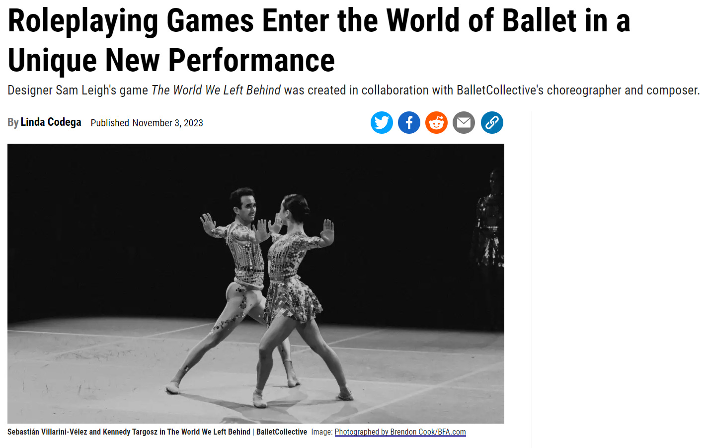 A screenshot of Linda Codega's article in Gizmodo. The title and subtitle read "Roleplaying Games Enter the World of Ballet in a Unique New Performance. Designer Sam Leigh's game The World We Left Behind was created in collaboration with BalletCollective's choreographer and composer."