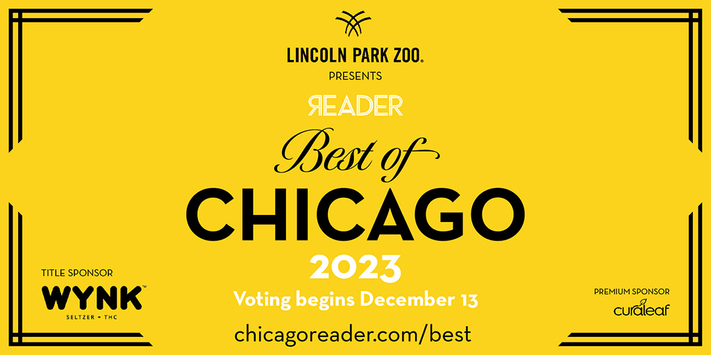 Infographic with a yellow background and black text promoting Chicago Reader's Best of Chicago awards