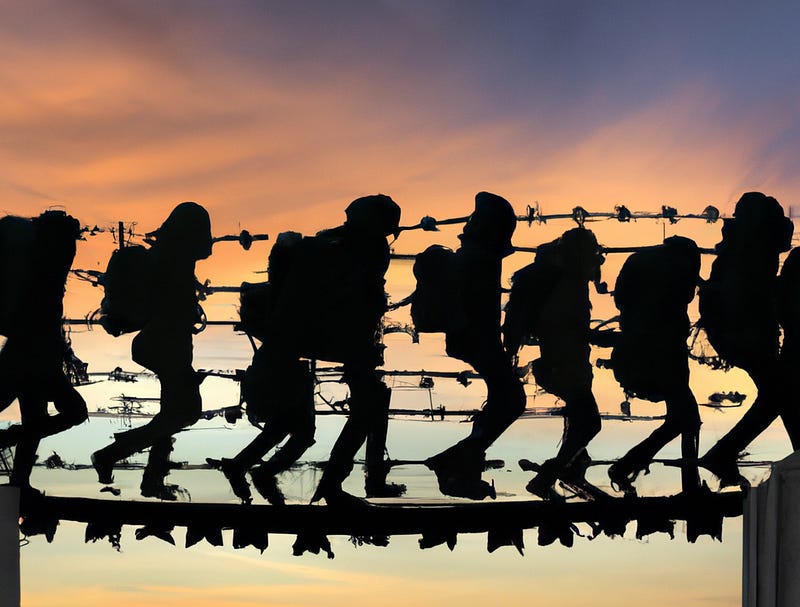 Computer-generated artistic depiction of immigrants crossing a barbed-wire bridge