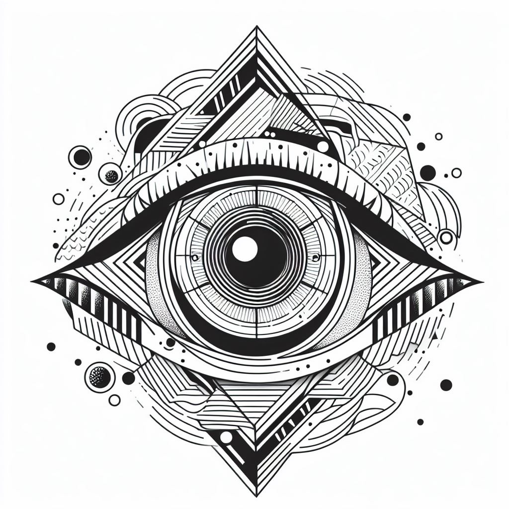 tattoo modern composition of an eye with geometric form arround, like pattern, abstract vector flat design, clean line art, fine line Art, coloring page featuring a black and white --ar 2:3 --q 5 --v 5.1