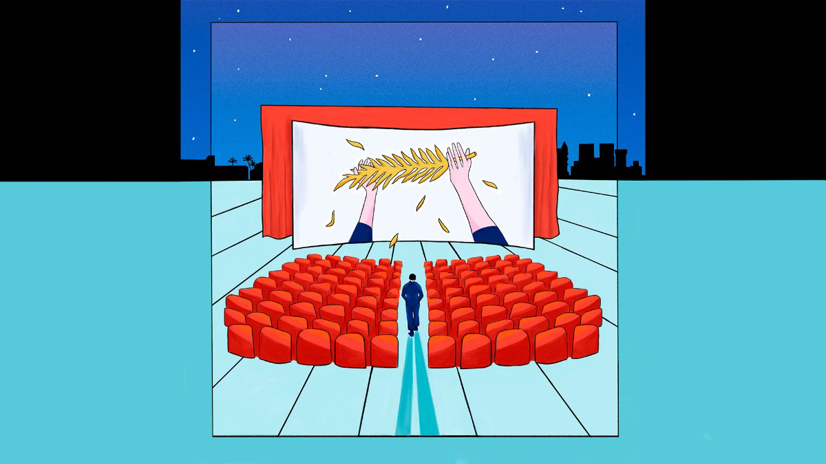 Artwork van op de vijfde rij. Illustratie van een bioscoop zaal in de open lucht. Je ziet een figuur door de stoelen heen naar het scherm lopen. Op het scherm houden handen een laureaat vast, de bladeren daarvan vallen door het scherm heen. Op de achtergrond de contouren van een stad en een sterrenhemel.
