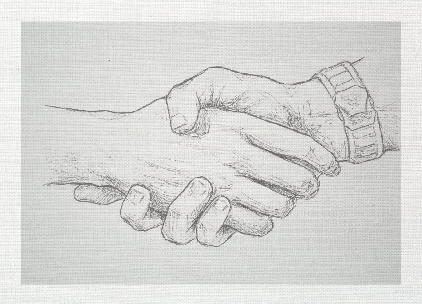 Pencil sketch of a handshake on a neutral linen background