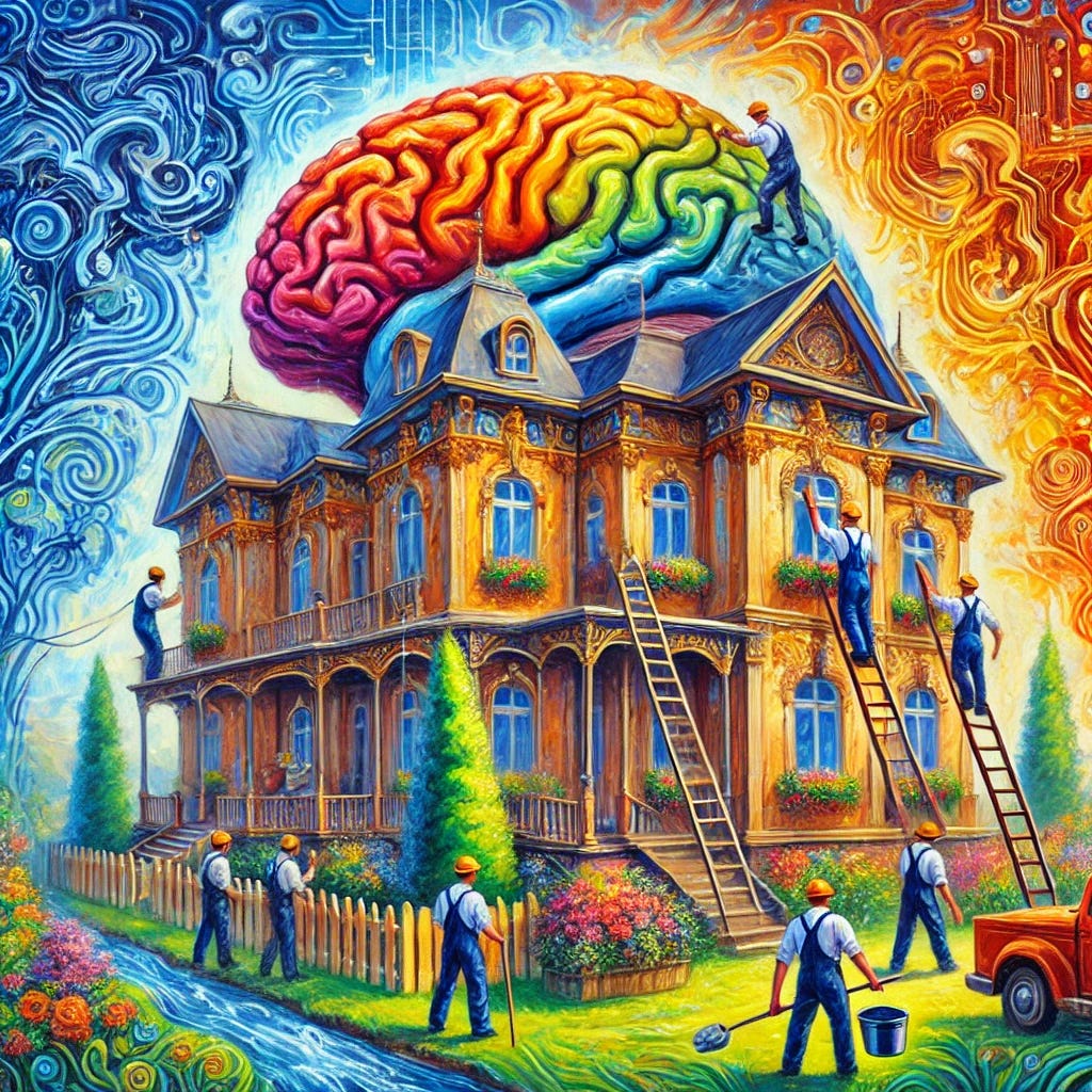 A vibrant oil painting of a grand, intricate house representing the brain, with various areas being repaired. Workers are restoring the house by fixing the roof, mending pipes, reinforcing the foundation, and rewiring electrical systems. The scene features bold colors like deep blues, warm oranges, rich reds, and golden yellows. Lush gardens surrounding the house symbolize vitality and rejuvenation. The style has expressive brushstrokes, capturing the dynamic process of maintaining and restoring the house, reflecting the idea of a holistic approach to cognitive health.