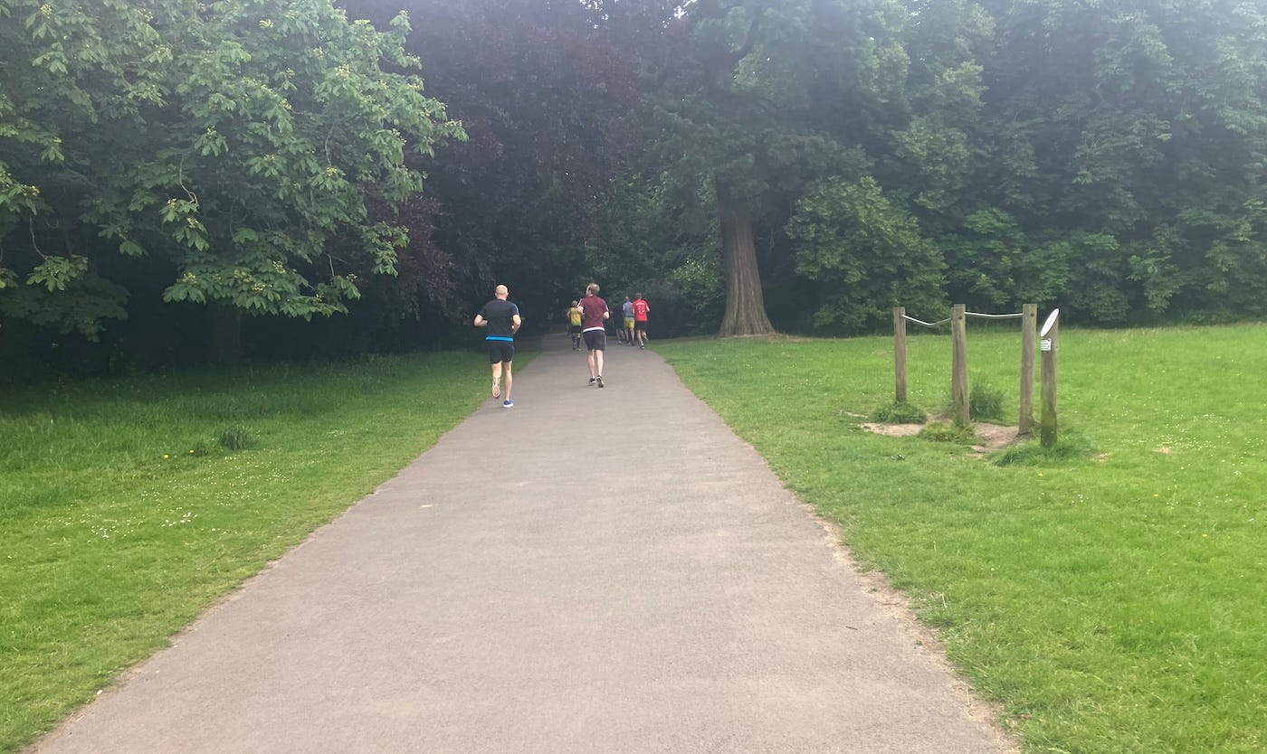 Heading uphill towards a tree-covered area
