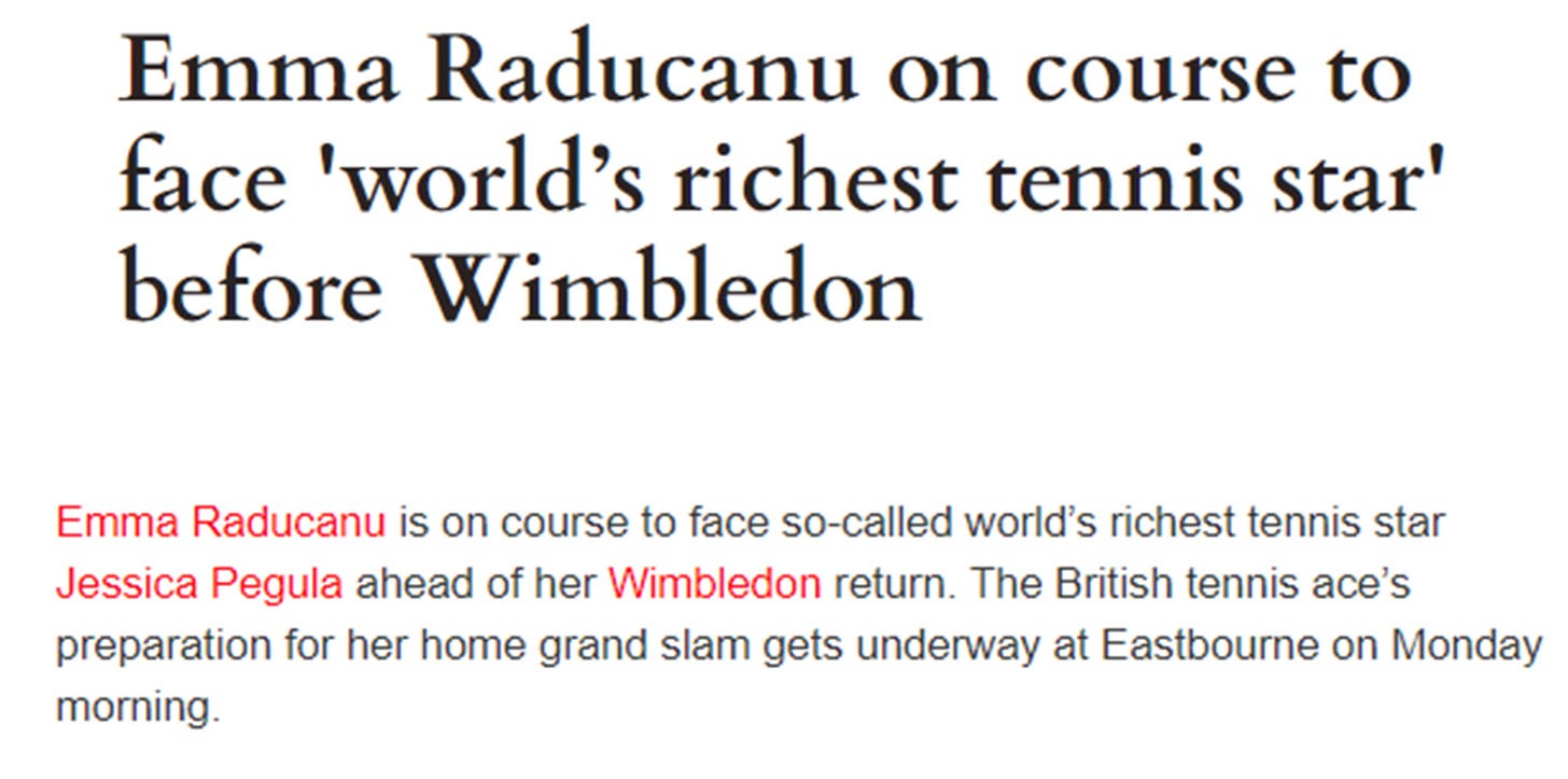 Screenshot of British news article that calls Jessica Pegula the world's richest tennis star