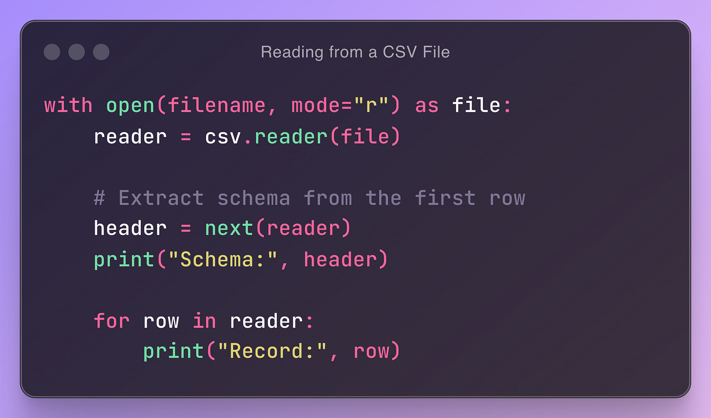 with open(filename, mode="r") as file:     reader = csv.reader(file)          # Extract schema from the first row     header = next(reader)     print("Schema:", header)            for row in reader:         print("Record:", row)