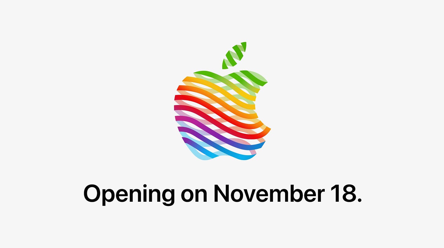 The heritage Apple logo with text below it: "Opening on November 18."