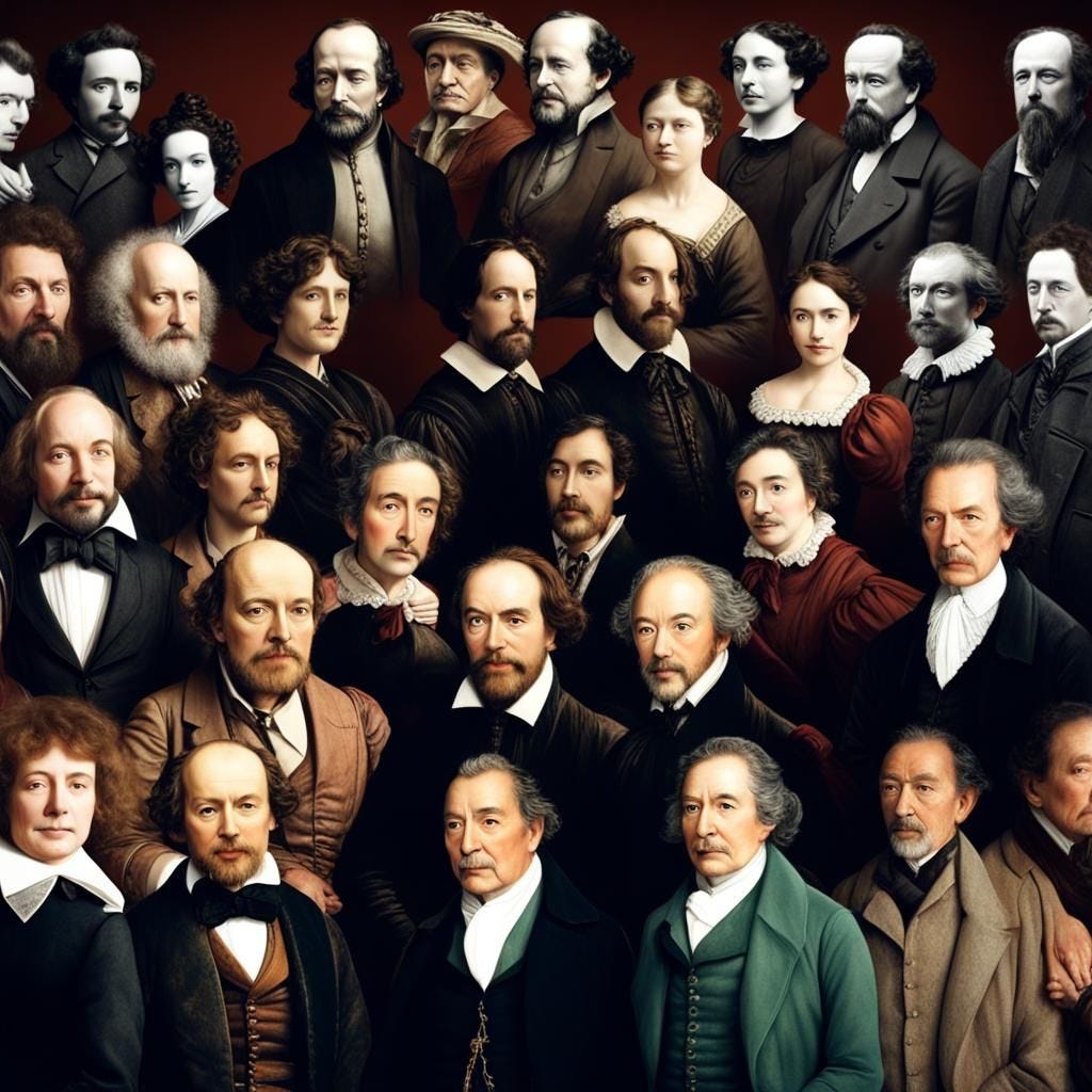 in one picture, an image of Shakespeare and Dickens and Austen and Murakami and Atwood and Marquez and other literary gr...
