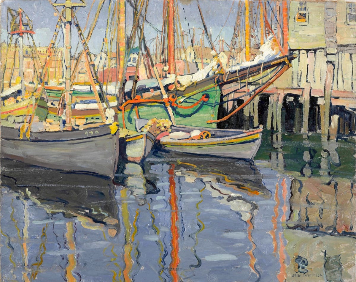 An oil painting showing fishing boats inside a harbor with the town of Gloucester, Massachusetts, in the background.