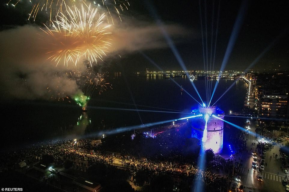 GREECE: A drone view shows fireworks exploding behind the White Tower during New Year's celebrations, in Thessaloniki
