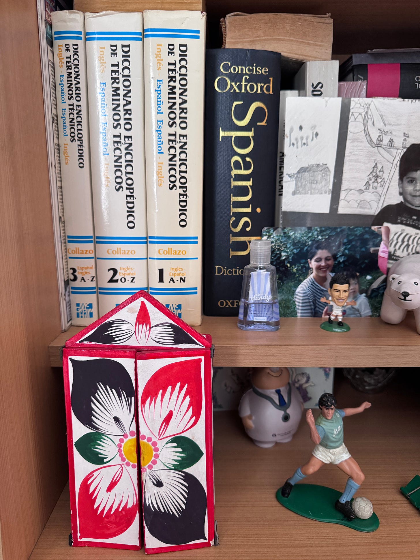 A shelf with Spanish-English dictionaries