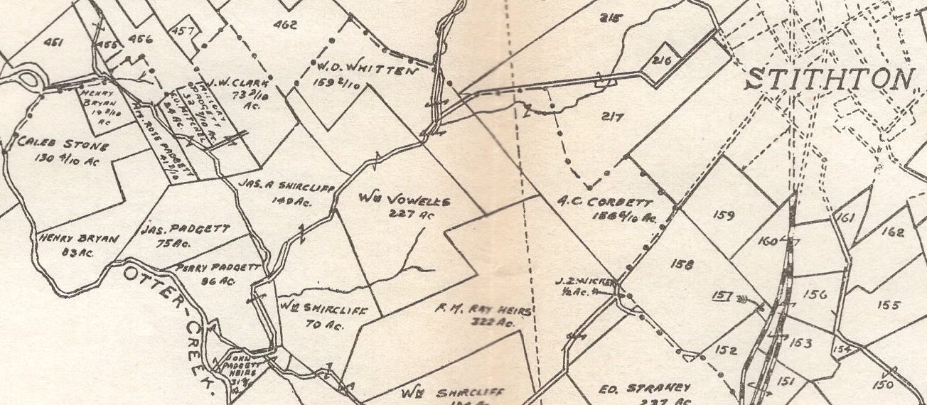 Land Office Real Estate Map of Camp Knox showing confluence of Otter Creek & Dry Branch where Padgett Farms was located Land Office Real Estate Map of Camp Knox showing confluence of Otter Creek & Dry Branch where Padgett Farms was located