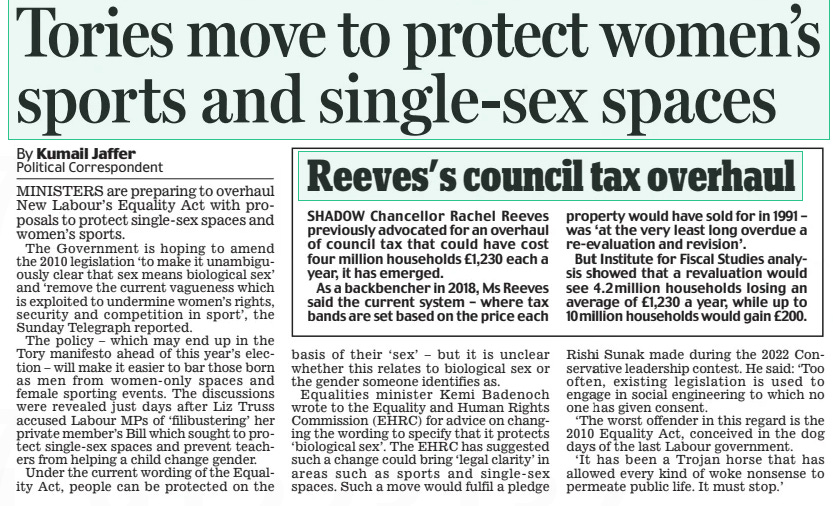 Tories move to protect women’s sports and single-sex spaces Daily Mail18 Mar 2024By Kumail Jaffer Political Correspondent MINISTERS are preparing to overhaul New Labour’s Equality Act with proposals to protect single-sex spaces and women’s sports. The Government is hoping to amend the 2010 legislation ‘to make it unambiguously clear that sex means biological sex’ and ‘remove the current vagueness which is exploited to undermine women’s rights, security and competition in sport’, the Sunday Telegraph reported. The policy – which may end up in the Tory manifesto ahead of this year’s election – will make it easier to bar those born as men from women- only spaces and female sporting events. The discussions were revealed just days after Liz Truss accused Labour MPs of ‘filibustering’ her private member’s Bill which sought to protect single-sex spaces and prevent teachers from helping a child change gender. Under the current wording of the Equality Act, people can be protected on the basis of their ‘sex’ – but it is unclear whether this relates to biological sex or the gender someone identifies as. Equalities minister Kemi Badenoch wrote to the Equality and Human Rights Commission (EHRC) for advice on changing the wording to specify that it protects ‘biological sex’. The EHRC has suggested such a change could bring ‘legal clarity’ in areas such as sports and single- sex spaces. Such a move would fulfil a pledge Rishi Sunak made during the 2022 Conservative leadership contest. He said: ‘Too often, existing legislation is used to engage in social engineering to which no one has given consent. ‘The worst offender in this regard is the 2010 Equality Act, conceived in the dog days of the last Labour government. ‘It has been a Trojan horse that has allowed every kind of woke nonsense to permeate public life. It must stop.’ Article Name:Tories move to protect women’s sports and single-sex spaces Publication:Daily Mail Author:By Kumail Jaffer Political Correspondent Start Page:6 End Page:6