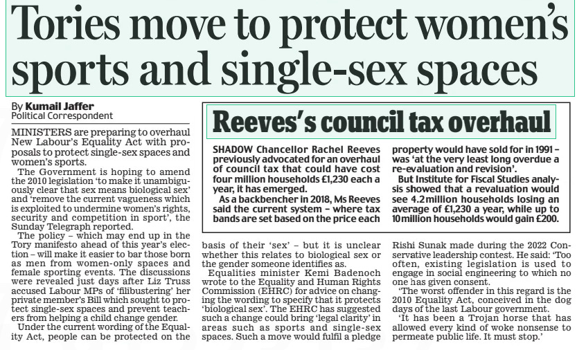 Tories move to protect women’s sports and single-sex spaces Daily Mail18 Mar 2024By Kumail Jaffer Political Correspondent MINISTERS are preparing to overhaul New Labour’s Equality Act with proposals to protect single-sex spaces and women’s sports.  The Government is hoping to amend the 2010 legislation ‘to make it unambiguously clear that sex means biological sex’ and ‘remove the current vagueness which is exploited to undermine women’s rights, security and competition in sport’, the Sunday Telegraph reported.  The policy – which may end up in the Tory manifesto ahead of this year’s election – will make it easier to bar those born as men from women- only spaces and female sporting events. The discussions were revealed just days after Liz Truss accused Labour MPs of ‘filibustering’ her private member’s Bill which sought to protect single-sex spaces and prevent teachers from helping a child change gender.  Under the current wording of the Equality Act, people can be protected on the basis of their ‘sex’ – but it is unclear whether this relates to biological sex or the gender someone identifies as.  Equalities minister Kemi Badenoch wrote to the Equality and Human Rights Commission (EHRC) for advice on changing the wording to specify that it protects ‘biological sex’. The EHRC has suggested such a change could bring ‘legal clarity’ in areas such as sports and single- sex spaces. Such a move would fulfil a pledge Rishi Sunak made during the 2022 Conservative leadership contest. He said: ‘Too often, existing legislation is used to engage in social engineering to which no one has given consent.  ‘The worst offender in this regard is the 2010 Equality Act, conceived in the dog days of the last Labour government.  ‘It has been a Trojan horse that has allowed every kind of woke nonsense to permeate public life. It must stop.’  Article Name:Tories move to protect women’s sports and single-sex spaces Publication:Daily Mail Author:By Kumail Jaffer Political Correspondent Start Page:6 End Page:6